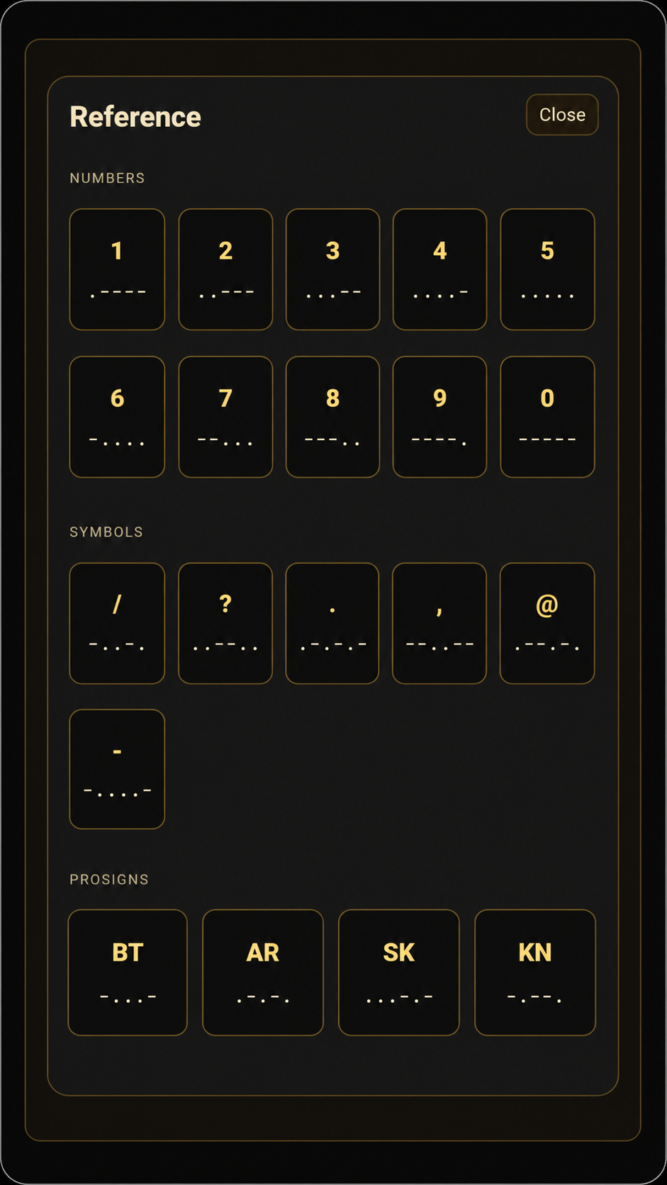 Morse Code Trainer reference screen